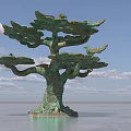 Green Tree Shaped Landscape Sculpture With Birds On Branches Ornate Base And Water Surface Background