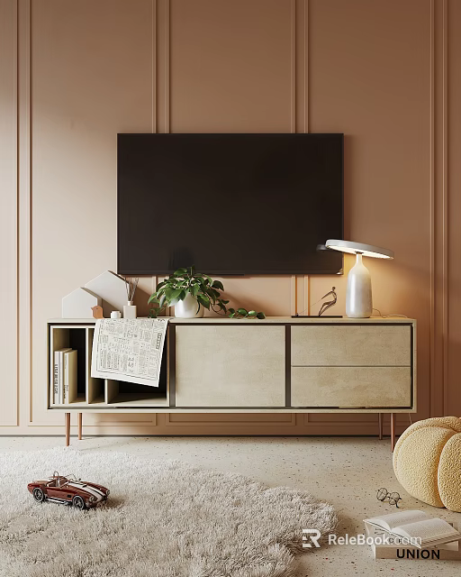 Modern TV Stand with Open Shelves Drawers TV Plant and Lamp on Paneled Wall 3d model 