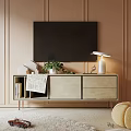 Modern TV Stand with Open Shelves Drawers TV Plant and Lamp on Paneled Wall