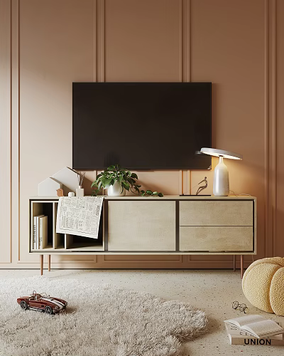Modern TV Stand with Open Shelves Drawers TV Plant and Lamp on Paneled Wall 3d model
