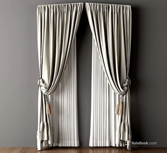 Light Colored Striped Curtains with Tied Sides and Tassels for Room Interior 3d model 