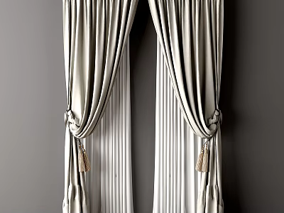 Light Colored Striped Curtains with Tied Sides and Tassels for Room Interior 3d model