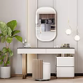 Modern Dressing Table With Oval Mirror Large Green Plant Minimalist Stool And Pendant Lights