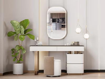 Modern Dressing Table With Oval Mirror Large Green Plant Minimalist Stool And Pendant Lights 3d model