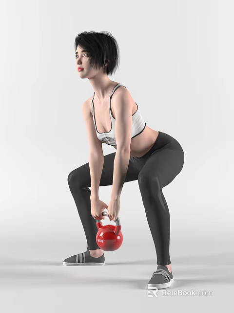 Woman In White Sports Bra And Black Leggings Squatting With Red Kettlebell 3d model 