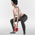 Woman In White Sports Bra And Black Leggings Squatting With Red Kettlebell