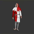 Man in Red and White Hooded Costume with Belt Standing Against Gray Background