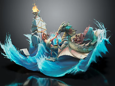 Dynamic Cartoon Scene With Dragon Riding Ship Through Blue Waves And Flaming Torch 3d model