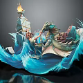 Dynamic Cartoon Scene With Dragon Riding Ship Through Blue Waves And Flaming Torch
