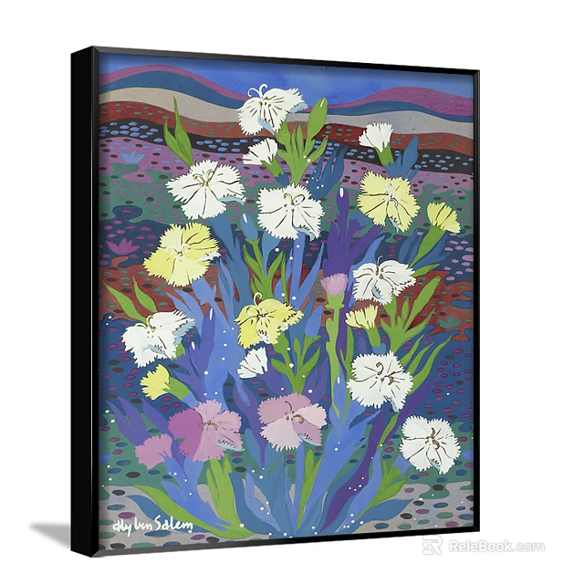 Vibrant Botanical Painting With White Yellow Pink Flowers And Green Stems On Colorful Background 3d model 