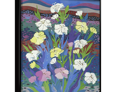 Vibrant Botanical Painting With White Yellow Pink Flowers And Green Stems On Colorful Background 3d model