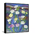 Vibrant Botanical Painting With White Yellow Pink Flowers And Green Stems On Colorful Background