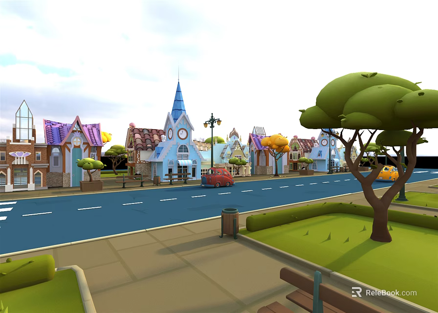 Cartoon Town Scene with Vibrant Colorful Buildings Spire Church Trees Street Lamps Bench and Grass 3d model 