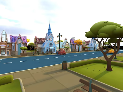 Cartoon Town Scene with Vibrant Colorful Buildings Spire Church Trees Street Lamps Bench and Grass 3d model