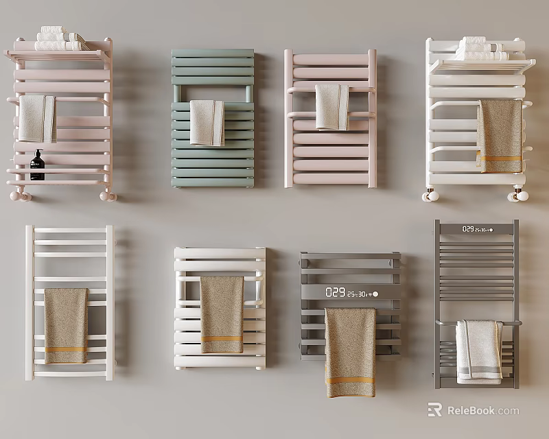 Colorful Modern Bathroom Shelving Units Wall Mounted And Floor Standing With Towels 3d model 