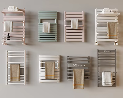 Colorful Modern Bathroom Shelving Units Wall Mounted And Floor Standing With Towels 3d model