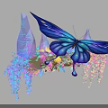 Vibrant Blue Butterfly Surrounded By Colorful Hanging Flowers And Geometric Crystals