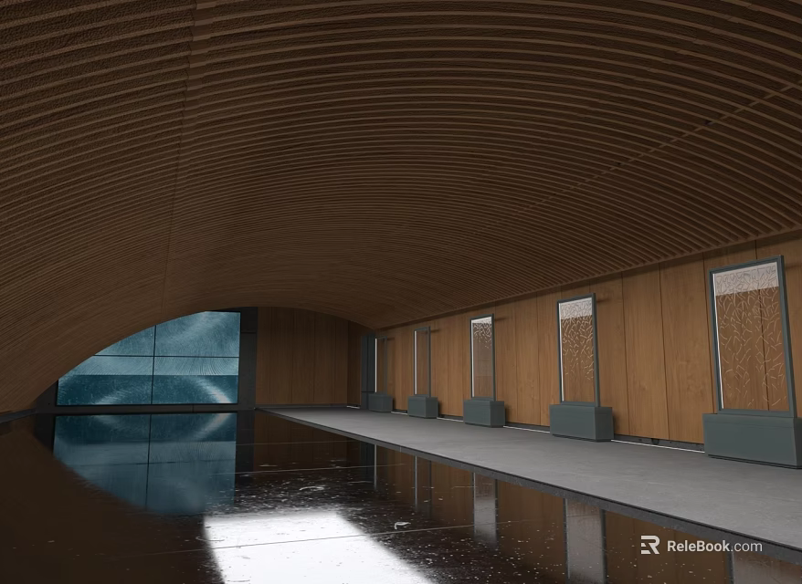 Modern Cultural Center Interior With Curved Wooden Ceiling Wooden Walls Windows And Reflective Floor 3d model 