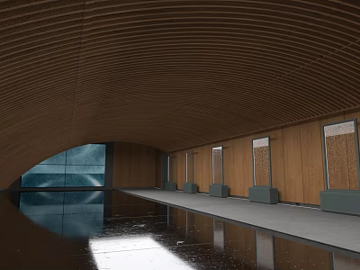 Modern Cultural Center Interior With Curved Wooden Ceiling Wooden Walls Windows And Reflective Floor 3d model