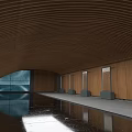 Modern Cultural Center Interior With Curved Wooden Ceiling Wooden Walls Windows And Reflective Floor