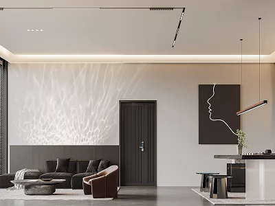 Modern Living Room Interior With Plush Sofa Geometric Wall Art And Pendant Lighting 3d model