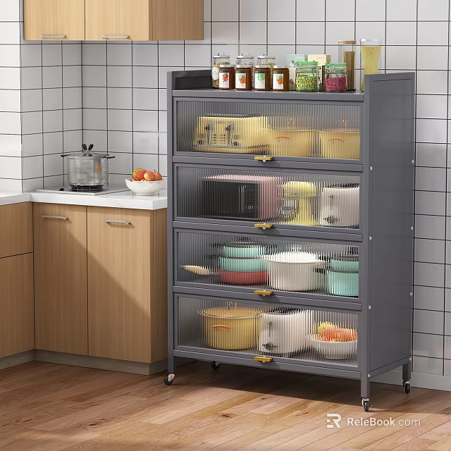 Gray Multi Tiered Kitchen Cabinet With Wheels And Transparent Drawers Storing Kitchen Supplies 3d model 