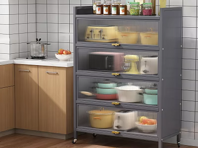 Gray Multi Tiered Kitchen Cabinet With Wheels And Transparent Drawers Storing Kitchen Supplies 3d model