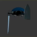 Woman Standing in Blue and Black Armor Holding Sword and Shield