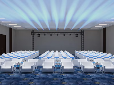 Spacious Conference Hall With Neatly Arranged White Seats Stage Lighting And Blue Patterned Carpet 3d model