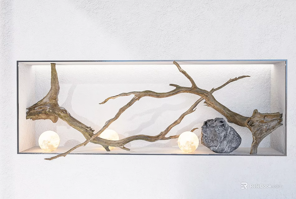 Natural Stone and Wood Branches Decorative Display with Round Lights on White Shelf 3d model 