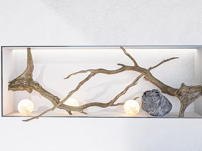 Natural Stone and Wood Branches Decorative Display with Round Lights on White Shelf 3d model