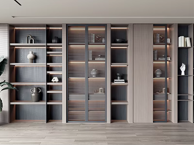 Modern Elegant Decorative Cabinet Featuring Wooden Frame Glass Doors LED Strips and Decorative Items 3d model