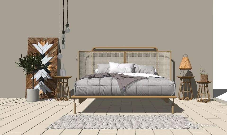 Double Bed With Metal Frame Gray Bedding Side Nightstands Lamps Wall Art And Modern Rug 3d model 