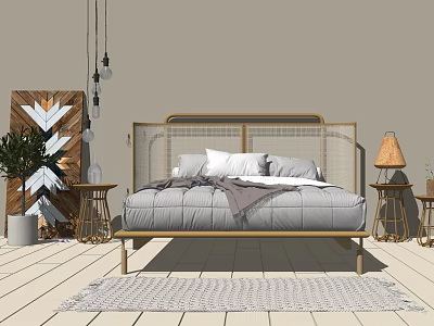 Double Bed With Metal Frame Gray Bedding Side Nightstands Lamps Wall Art And Modern Rug 3d model