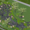 Natural Park Landscape With Green Lawn Trees Walking Pathways And Pond