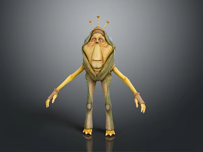 3D Rendered Game Movie Fantasy Character With Hooded Outfit Antennas Long Arms And Jointed Limbs 3d model