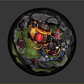 Game Movie Mechanical Character With Red Orange Glowing Lights Standing On Base With Grass Rocks