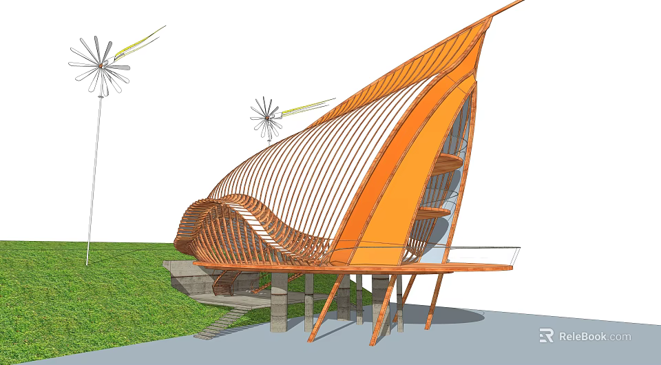 Modern Architectural Design Featuring Orange Curved Structure Wooden Frame And Green Grass 3d model 