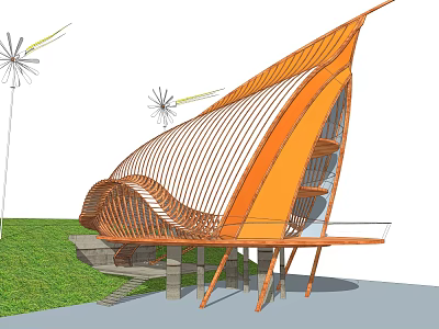 Modern Architectural Design Featuring Orange Curved Structure Wooden Frame And Green Grass 3d model