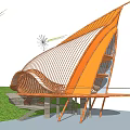 Modern Architectural Design Featuring Orange Curved Structure Wooden Frame And Green Grass