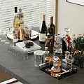 Stylish Bar Table Setup With Wine Bottles Glasses Cocktail Tools And Decorative Trays