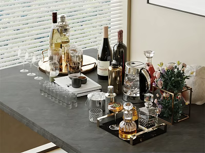 Stylish Bar Table Setup With Wine Bottles Glasses Cocktail Tools And Decorative Trays 3d model