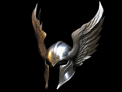 Shiny Metallic Helmet With Detailed Silver Wings And Mythic Warrior Design 3d model