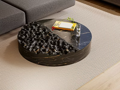 Modern Round Black Coffee Table with Textured Surface Holding Notebook Pen Glass and Small Plant 3d model