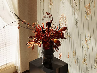 Black Vase With Orange Red Flowers On Pedestal Table Against Floral Striped Wallpaper 3d model