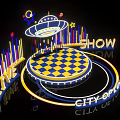 Circular Live Show Stage With Blue Yellow Checkerboard Pattern Neon Lights City Of Love