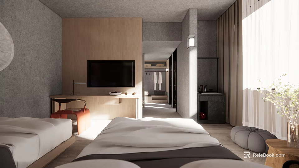 Modern Hotel Guest Room With Two Beds TV Wooden Panel And Gray Walls 3d model 