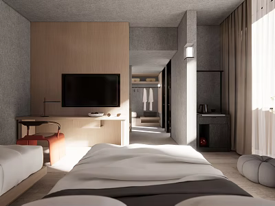 Modern Hotel Guest Room With Two Beds TV Wooden Panel And Gray Walls 3d model