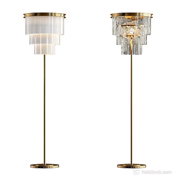 Modern Floor Lamps With Layered White Shades And Transparent Crystal Gold Pole Designs 3d model 