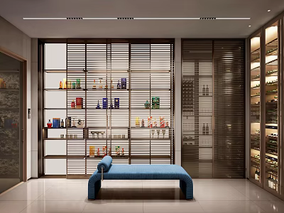 Modern Wine Cellar Interior With Multiple Wine Racks Blue Bench And Stored Wine Bottles 3d model